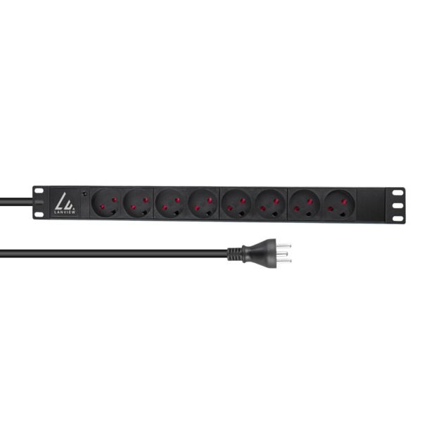 19" rack mount power strip,  1U, 13A with 8 x danish type  K socket and 2m cable with type K plug