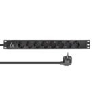 19" rack mount power strip,  1U, 16A with 8 x Schuko type  F socket and 2m cable with Schuko type F plug