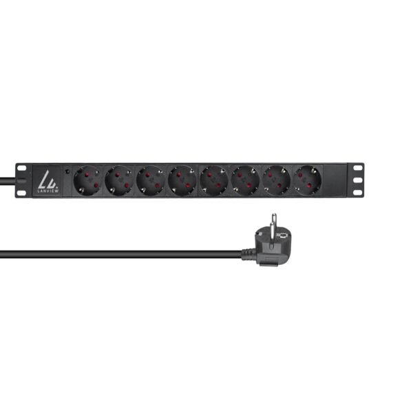 19" rack mount power strip,  1U, 16A with 8 x Schuko type  F socket and 2m cable with Schuko type F plug
