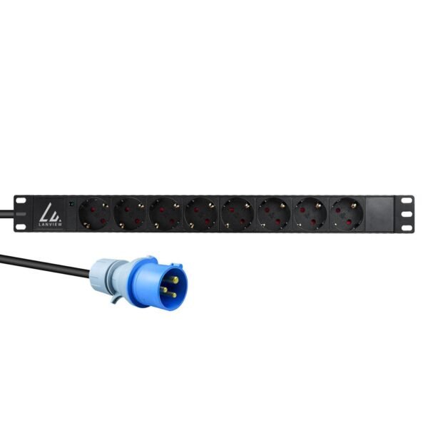 19" rack mount power strip,  1U, 16A with 8 x Schuko type  F socket and 3m power cord and IEC 16A plug