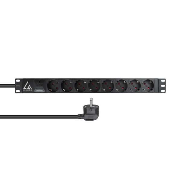 19" Rack mount power strip,  16A with 8 x Schuko type,  with hot swap surge protector device, 2m cable with Schuko plug