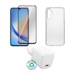 Kit for Samsung Galaxy A34.  Charger, Cover, Glass. Brown  Box.