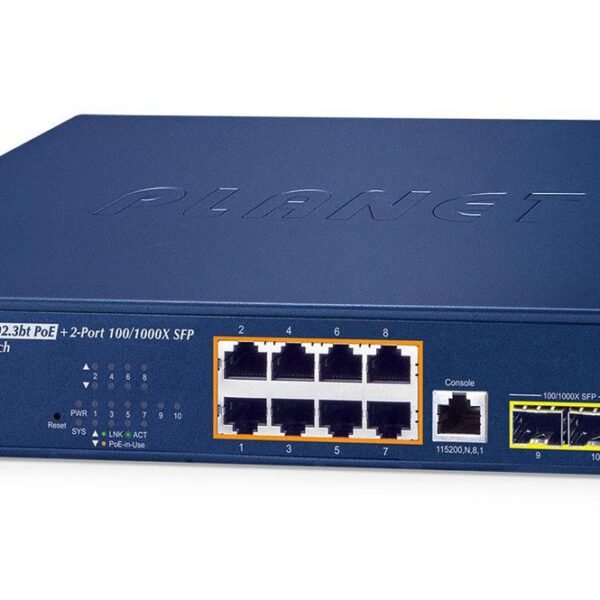 IPv6/IPv4, 8-Port  10/100/1000T 802.3bt 95W PoE  + 2-Port 100/1000X SFP Managed Switch