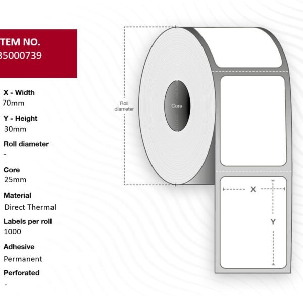 Label 70x30 - Core 25. White.  Eco. DT. Permanent. No  Perforation. 1.000 labels per roll. 24 rolls per box. Black Mark