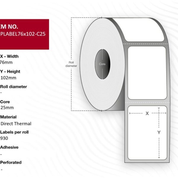 Ship-label 76 x 102mm, Core  25mm. Direct Thermal, 930  labels per roll, 12 rolls per box