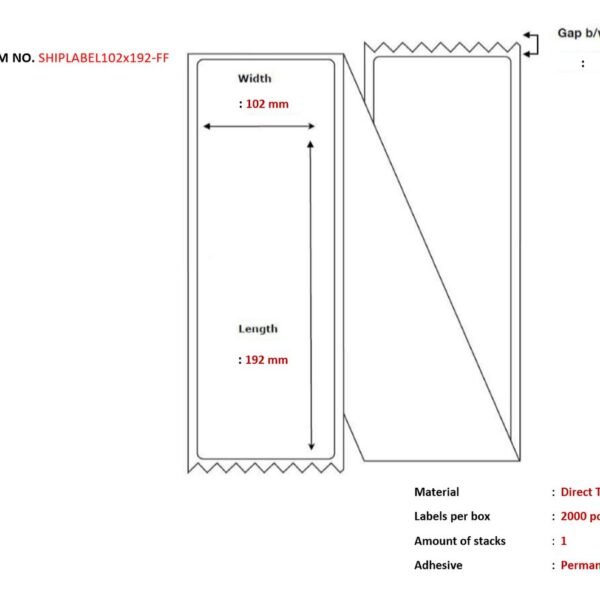 Ship-label 102 x 192mm,  Fanfold. Direct Thermal, 2000  labels per box