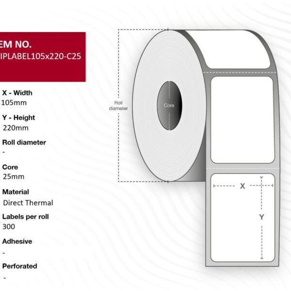 Ship-label 105 x 220mm, Core  25mm, Perforated, Direct  Thermal, 300 labels per roll, 9 rolls per box