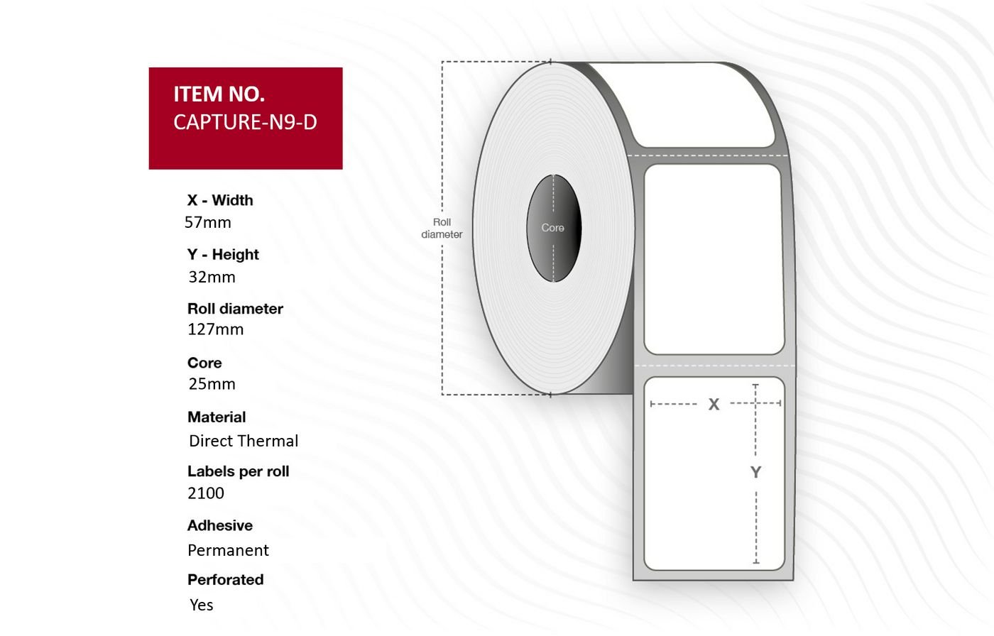 Img_33879640.jpg Label 57x32mm, Core 25mm, Direct Thermal, Perforated. 2100 labels per roll, Max outside diameter 127mm, 12 rolls per box - Image 1