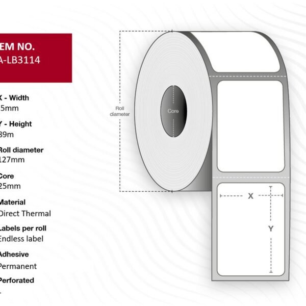 Label 55x89 meters, Core 25.  Thermal print. Thermo top.  Permanent. Endless label. 12 rolls per box.