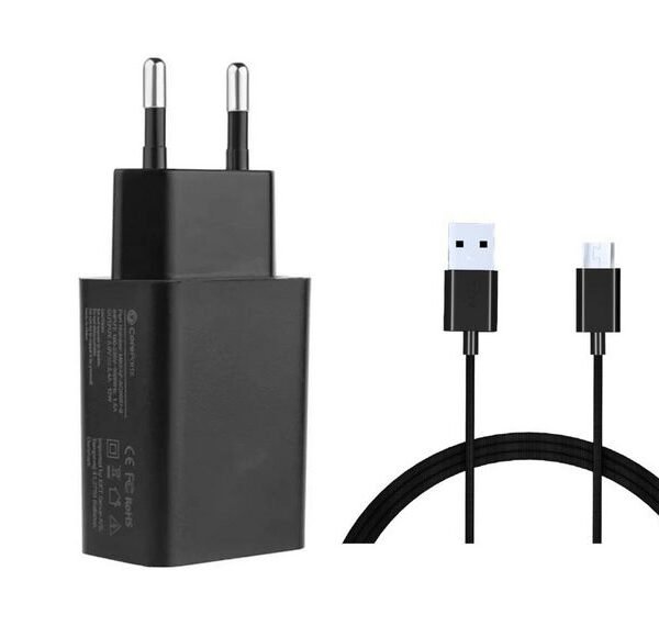 USB Power Adapter Black 12W 5V 2.4A USB Output EU  Wall - Black with USB to Micro-USB cable