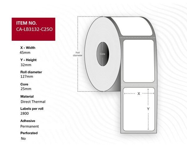 Orange label 45 x 32mm, Core  25mm, Direct Thermal, Coated,  Permanent, 127mm outer diameter, 2mm Gap, No perforation, 2800 labels per roll,