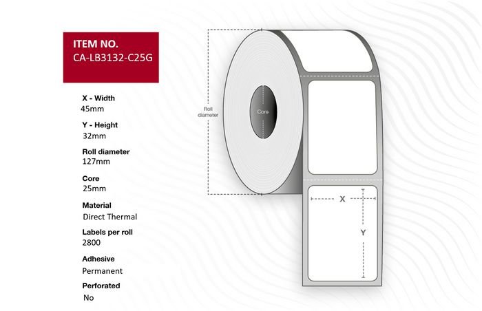 Img_34465269-1 Green label 45 x 32mm, Core 25mm, Direct Thermal, Coated, Permanent, 127mm outer diameter, 2mm Gap, No perforation, 2800 labels per roll, - Image 1