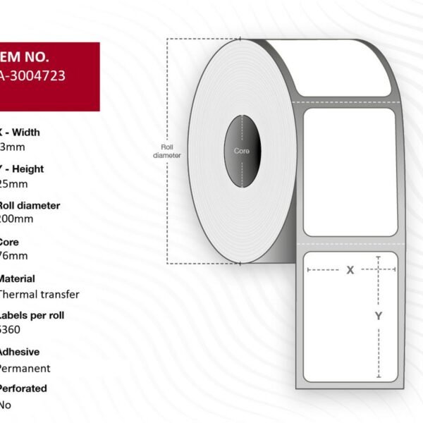 Label 83 x 25mm, Core 76mm,  Thermal Transfer, Polyester,  Permanent, No perforation, 6360 labels per roll, 6 rolls per box