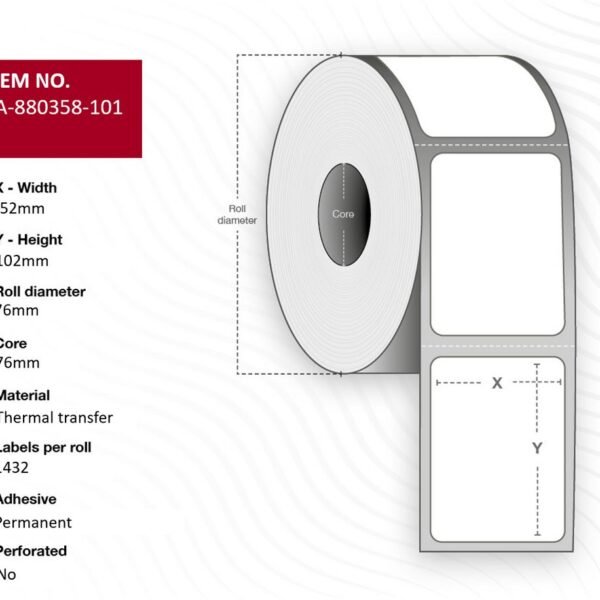 Label 152 x 102mm, Core 76mm,  Thermal Transfer, Polyester,  Permanent, No perforation, 1432 labels per roll, 4 rolls per box