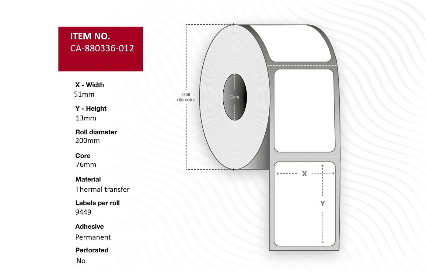 Img_34483812.jpg Label 51 x 13mm, Core 76mm, Thermal Transfer, Polyester, Permanent, No perforation, 9449 labels per roll, 10 rolls per box - Image 1