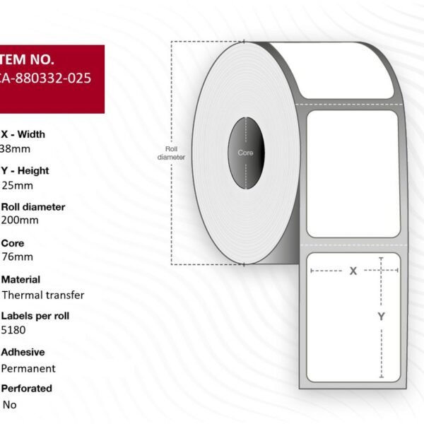 Label 38 x 25mm, Core 76mm,  Thermal Transfer, Polyester,  Permanent, No perforation, 5180 labels per roll, 10 rolls per box