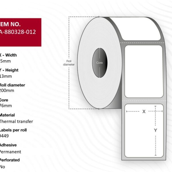 Label 25 x 13mm, Core 76mm,  Thermal Transfer, Polyester,  Permanent, No perforation, 9449 labels per roll, 12 rolls per box