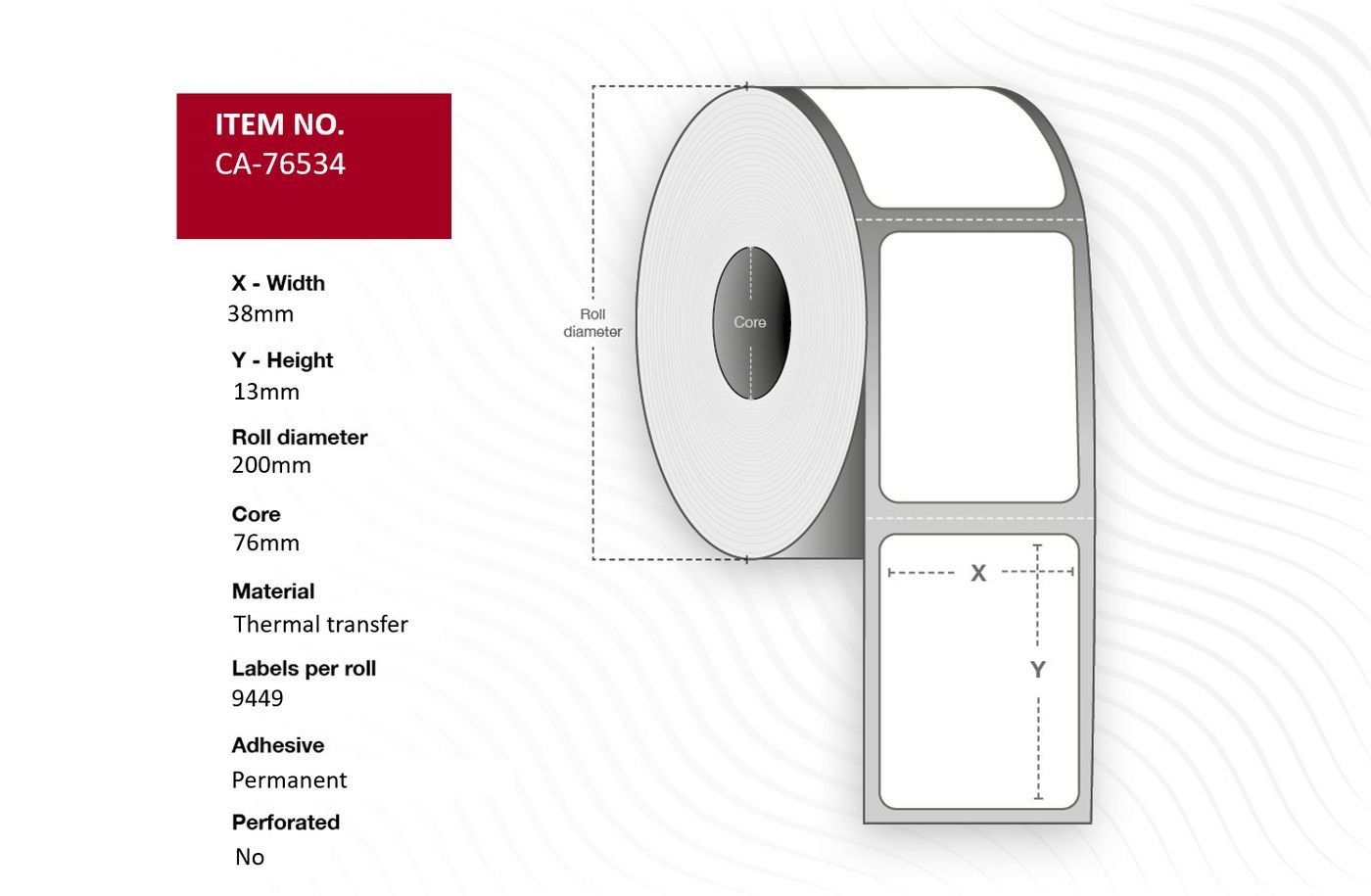 Img_34483869.jpg Label 38 x 13mm, Core 76mm, Thermal Transfer, Polyester, Permanent, No perforation, 9449 labels per roll, 10 rolls per box - Image 1