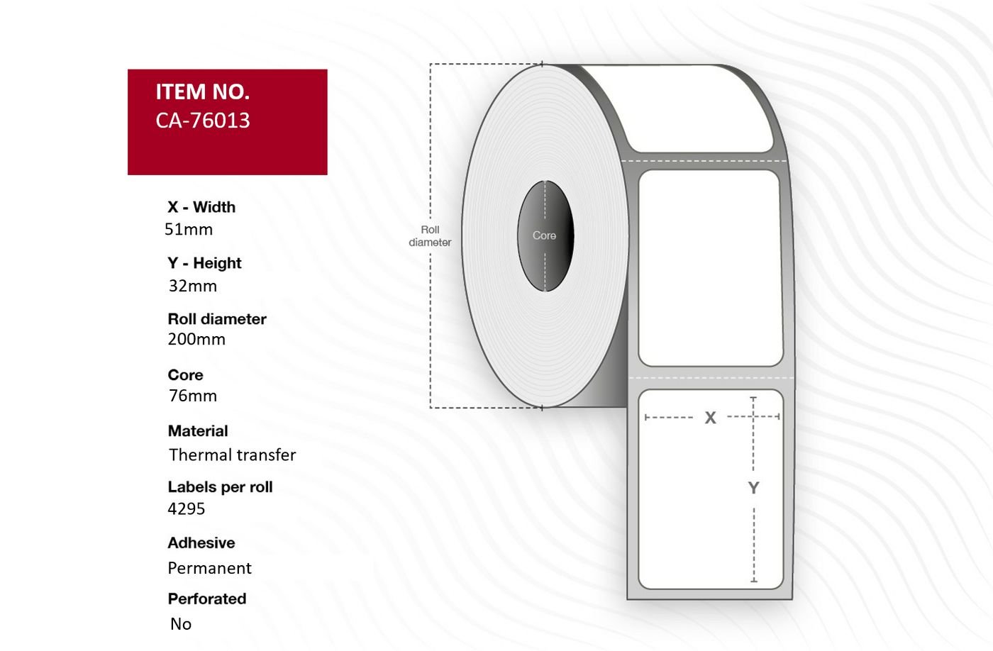 Img_34483878.jpg Label 51 x 32mm, Core 76mm, Thermal Transfer, Polyester, Permanent, No perforation, 4295 labels per roll, 10 rolls per box - Image 1