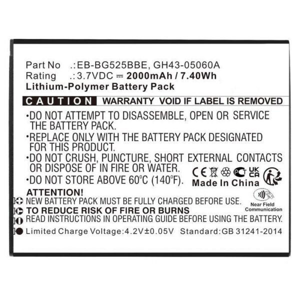 Battery for SmartPhone 7.40Wh  Li-Pol 3.7V 2000mAh,  GH43-05060A for Galaxy XCover 5