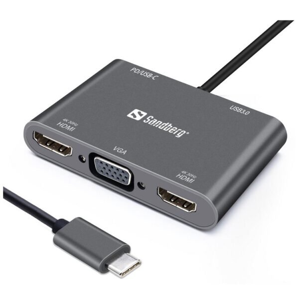 USB-C Dock 2xHDMI+1xVGA+USB+PD USB-C Dock  2xHDMI+1xVGA+USB+PD, Wired, USB 3.2 Gen 1 (3.1 Gen 1) Type-C, Grey, 4K Ultra