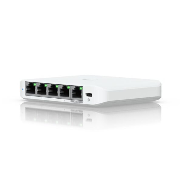 Compact, 5-port 2.5G switch  that can be powered with PoE  or a USB-C adapter.