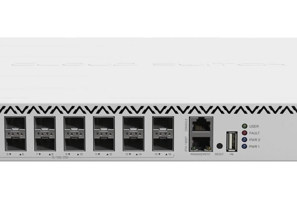Cloud Router Switch  518-16XS-2XQ-RM with QCA9531  750 MHz CPU, 64 MB RAM, 98DX8525 switch chip, 2 x 100G QSFP28 ports, 16x 25G