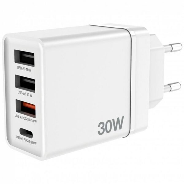 USB Wall Charger 30W, White  1x USB-C PD 20W  1x USB-A QC  3.0  2x USB-A 10W