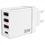 USB Wall Charger 30W, White  1x USB-C PD 20W  1x USB-A QC  3.0  2x USB-A 10W