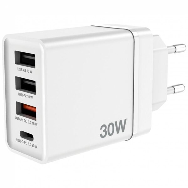 USB Wall Charger 30W, White  1x USB-C PD 20W  1x USB-A QC  3.0  2x USB-A 10W