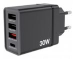 USB Wall Charger 30W, Black  1x USB-C PD 20W  1x USB-A QC  3.0  2x USB-A 10W