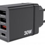 USB Wall Charger 30W, Black  1x USB-C PD 20W  1x USB-A QC  3.0  2x USB-A 10W