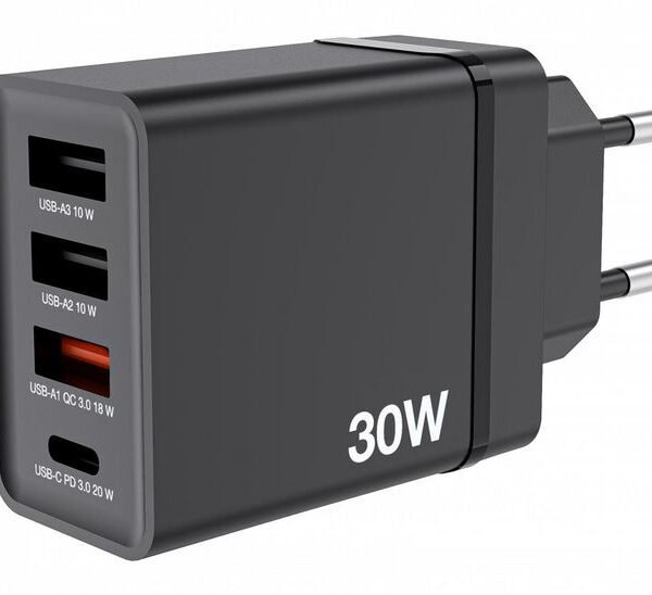 USB Wall Charger 30W, Black  1x USB-C PD 20W  1x USB-A QC  3.0  2x USB-A 10W