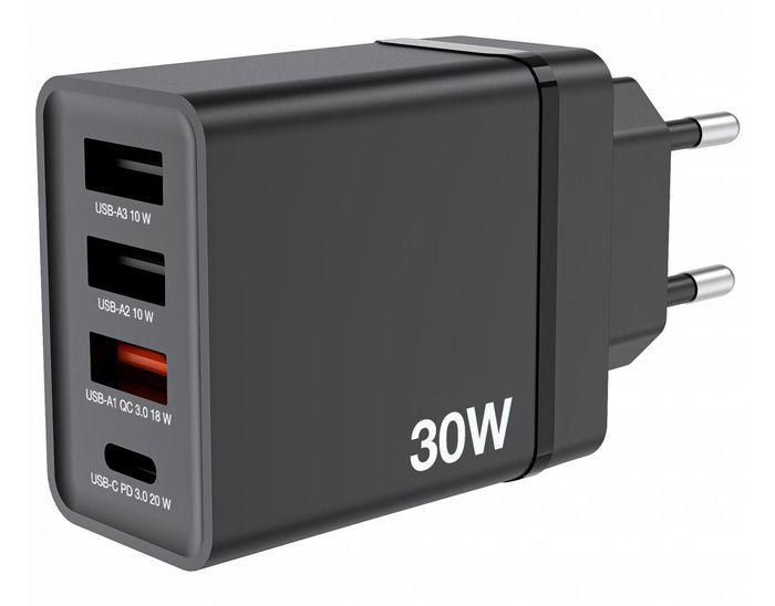 Img_34828602-1 USB Wall Charger 30W, Black 1x USB-C PD 20W 1x USB-A QC 3.0 2x USB-A 10W - Image 1