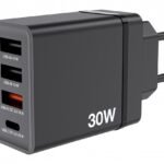 USB Wall Charger 30W, Black  1x USB-C PD 20W  1x USB-A QC  3.0  2x USB-A 10W