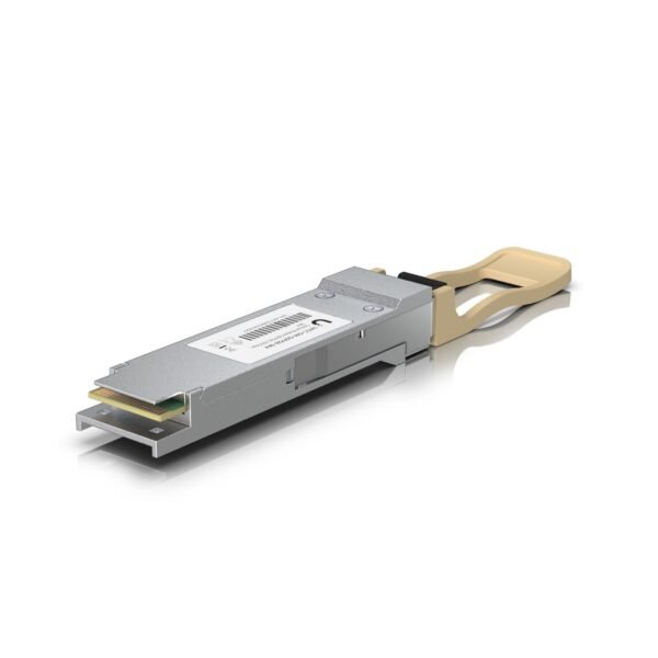 QSFP28 transceiver that  supports 100G connections up  to 100 m using multi-mode fiber with an MPO-12 Type B UPC connector.