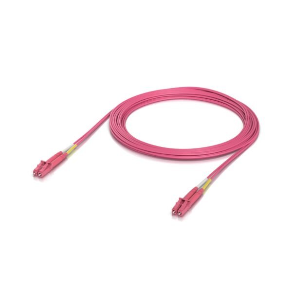 Indoor OM4 multi-mode fiber  patch cable with duplex LC  UPC connectors. Cable length 5M