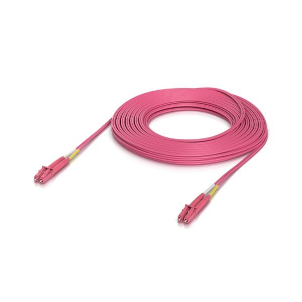 Indoor OM4 multi-mode fiber  patch cable with duplex LC  UPC connectors. Cable length 15M