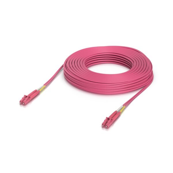 Indoor OM4 multi-mode fiber  patch cable with duplex LC  UPC connectors. Cable length 30M