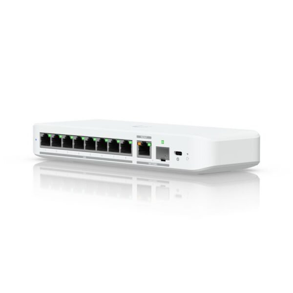 Flexible, 8-port 2.5 GbE  switch with a 10 GbE  RJ45/SFP+ combination uplink port that can be powered with a USB-C or PoE+