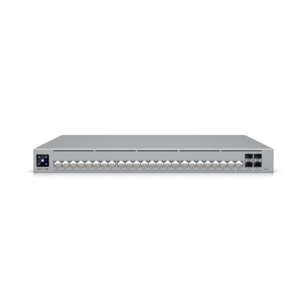 Professional-grade, Layer 3  Etherlighting switch with (2)  10 GbE PoE, (22) 2.5 GbE PoE, and (4) 10G SFP ports.
