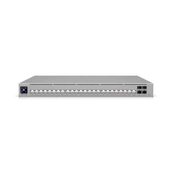 Professional-grade, Layer 3  Etherlighting switch with (2)  10 GbE PoE, (22) 2.5 GbE PoE, and (4) 10G SFP ports.