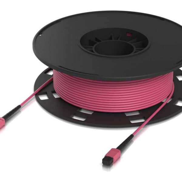 Indoor OM4 multi-mode fiber  patch cable with MPO-12 Type  B UPC connectors designed for 100G applications. 60 M