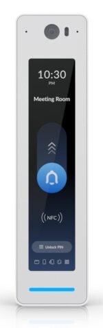 Third-generation,  indoor/outdoor NFC reader and  intercom with Apple Touch Pass support. White