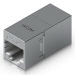 Compact, inline RJ45 coupler  with shielding for ethernet  cable extension.