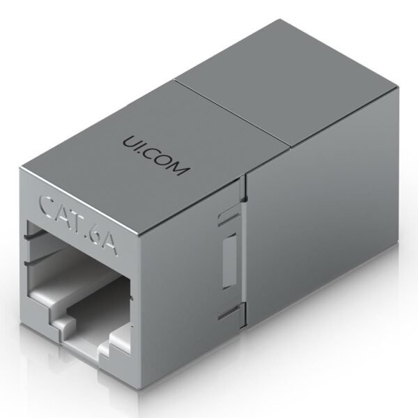 Compact, inline RJ45 coupler  with shielding for ethernet  cable extension.