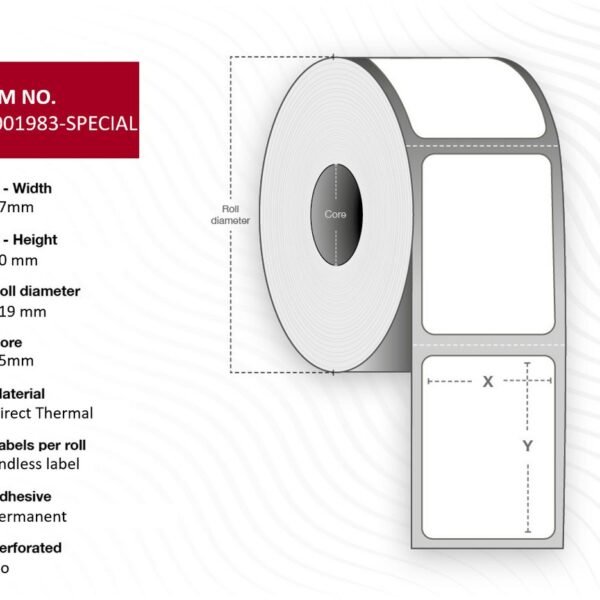 Label 47 x 70 - Core 25.  White. Eco. DT. Permanent.  1  roll per box. Special dye included Thermal Eco FSC, permanent Core diameter -