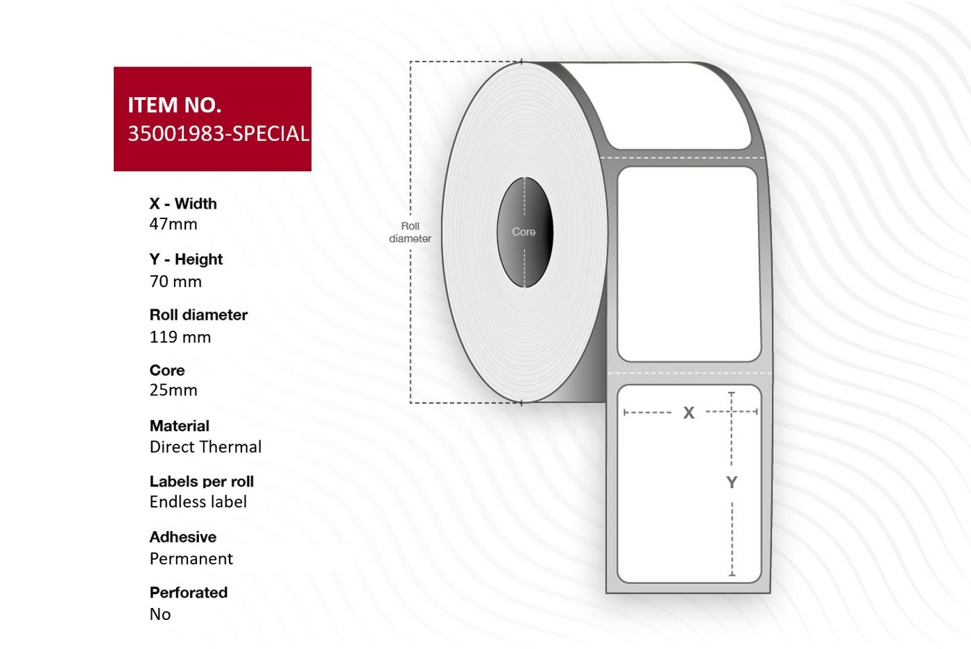 Img_36272369.jpg Label 47 x 70 - Core 25. White. Eco. DT. Permanent. 1 roll per box. Special dye included Thermal Eco FSC, permanent Core diameter - - Image 1
