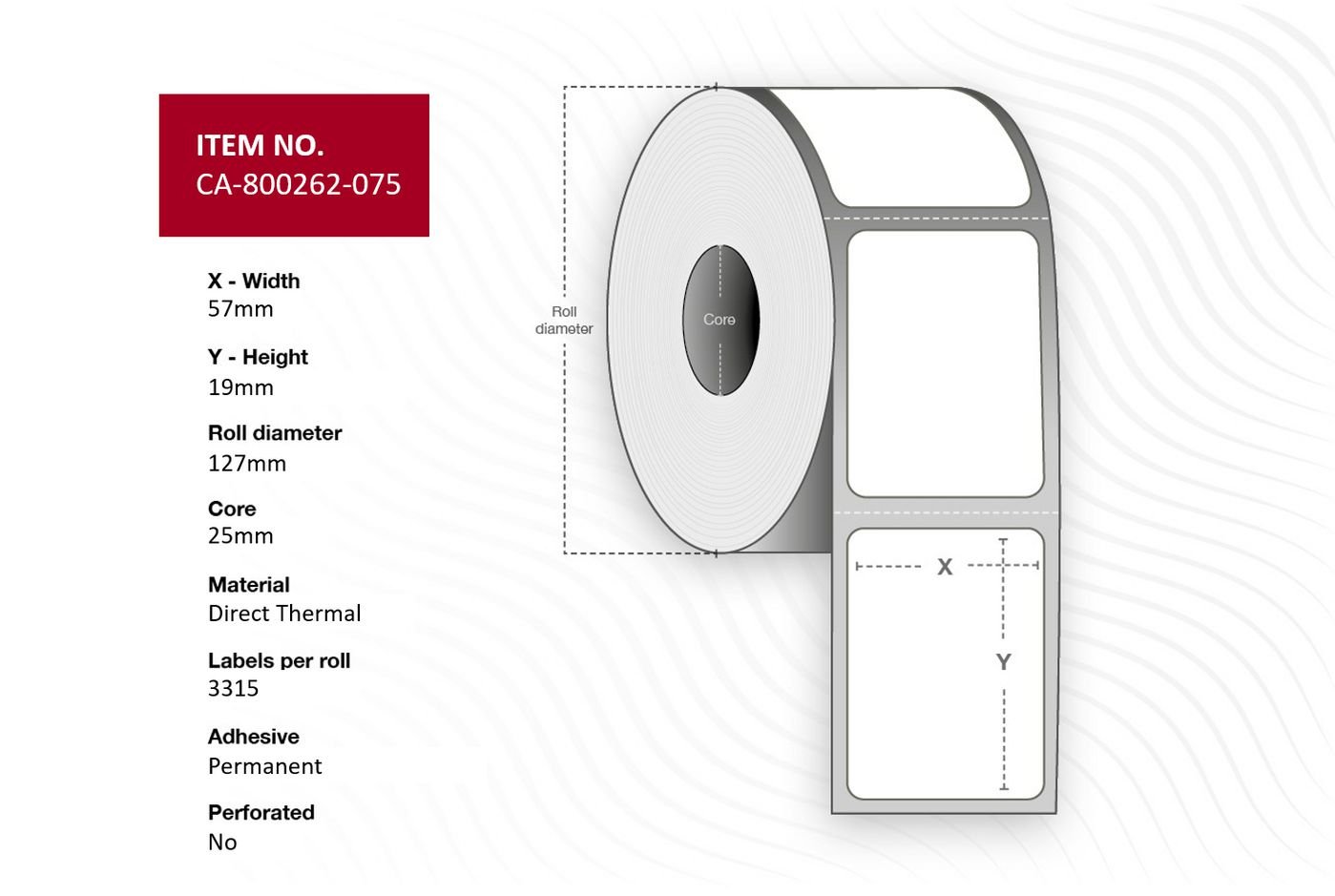 Img_36272464.jpg Label 57 x 19mm, Core 25mm, Direct Thermal, Coated, Permanent, Perforated, 3315 labels per roll, 12 rolls per box - Image 1