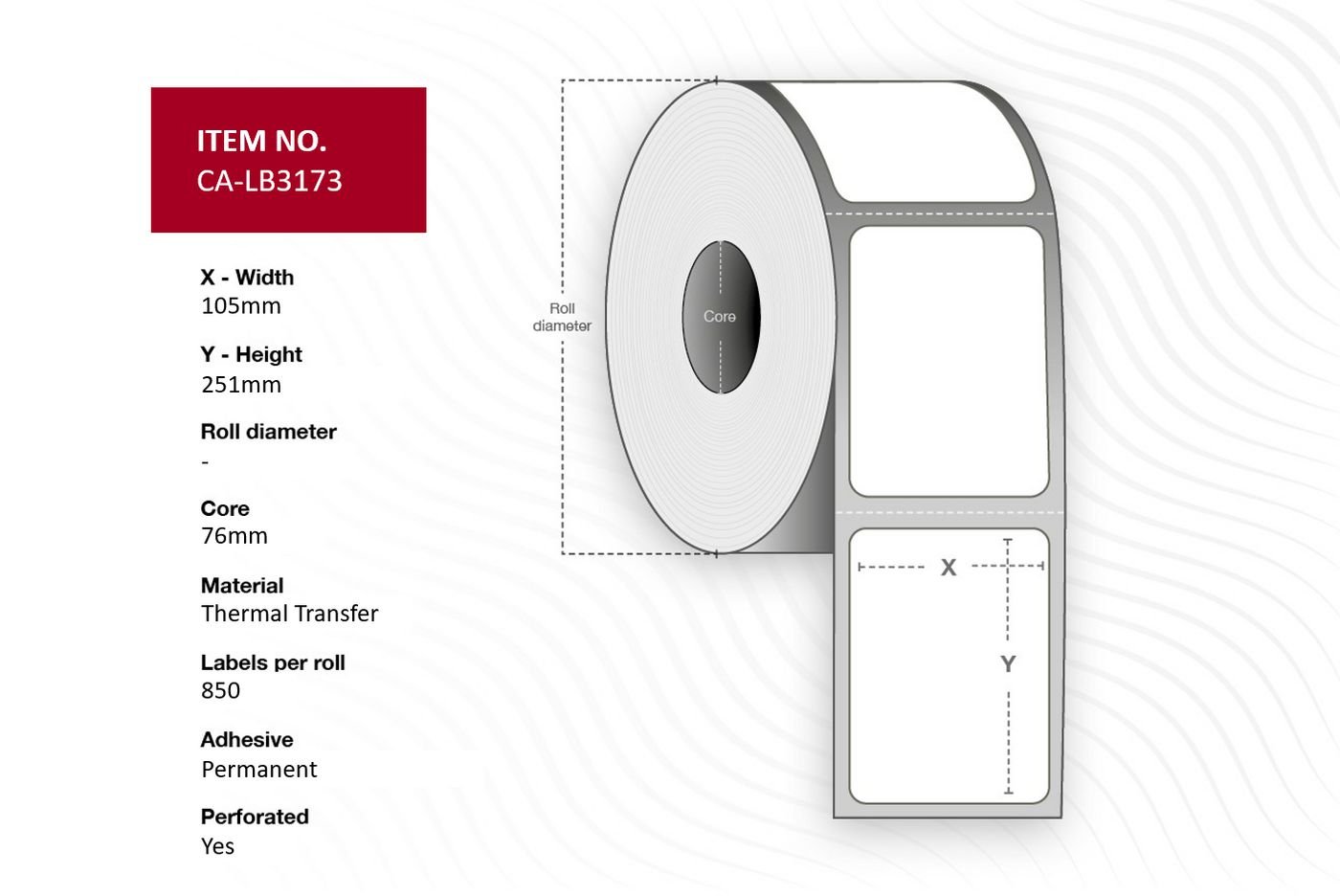 Img_36661741.jpg Label 105 x 251mm, Core 76mm, Thermal transfer, Polypropylene, Perforated, 850 labels per roll, 4 rolls per box - Image 1